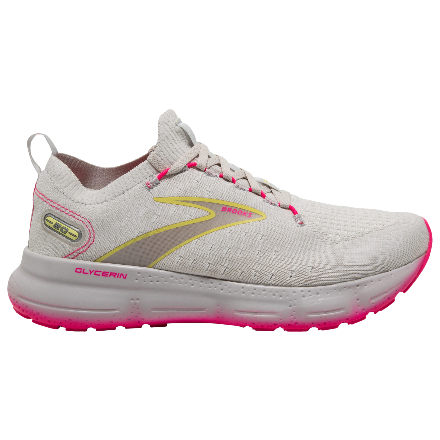 Women's Brooks Glycerin StealthFit 20, Grey/Yellow/Pink, 6.5 B Medium