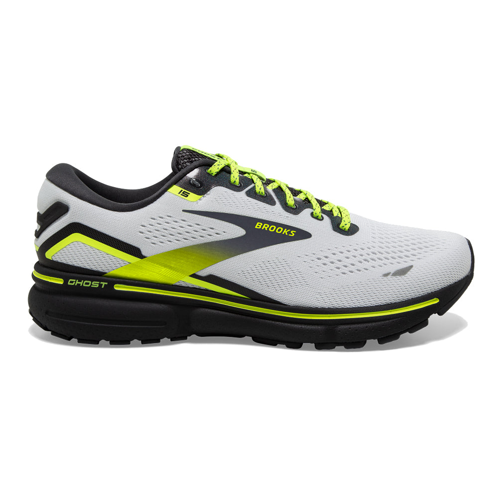 Men's Brooks Ghost 15, White/Ebony/Nightlife, 10.5 D Medium