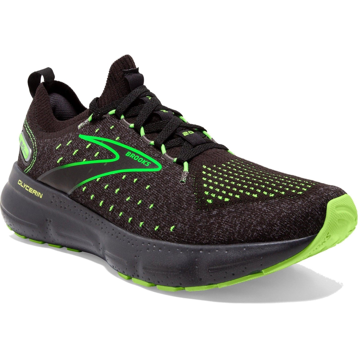 Men's Brooks Glycerin StealthFit 20, Black/Pearl/Green Gecko, 10.5 D Medium