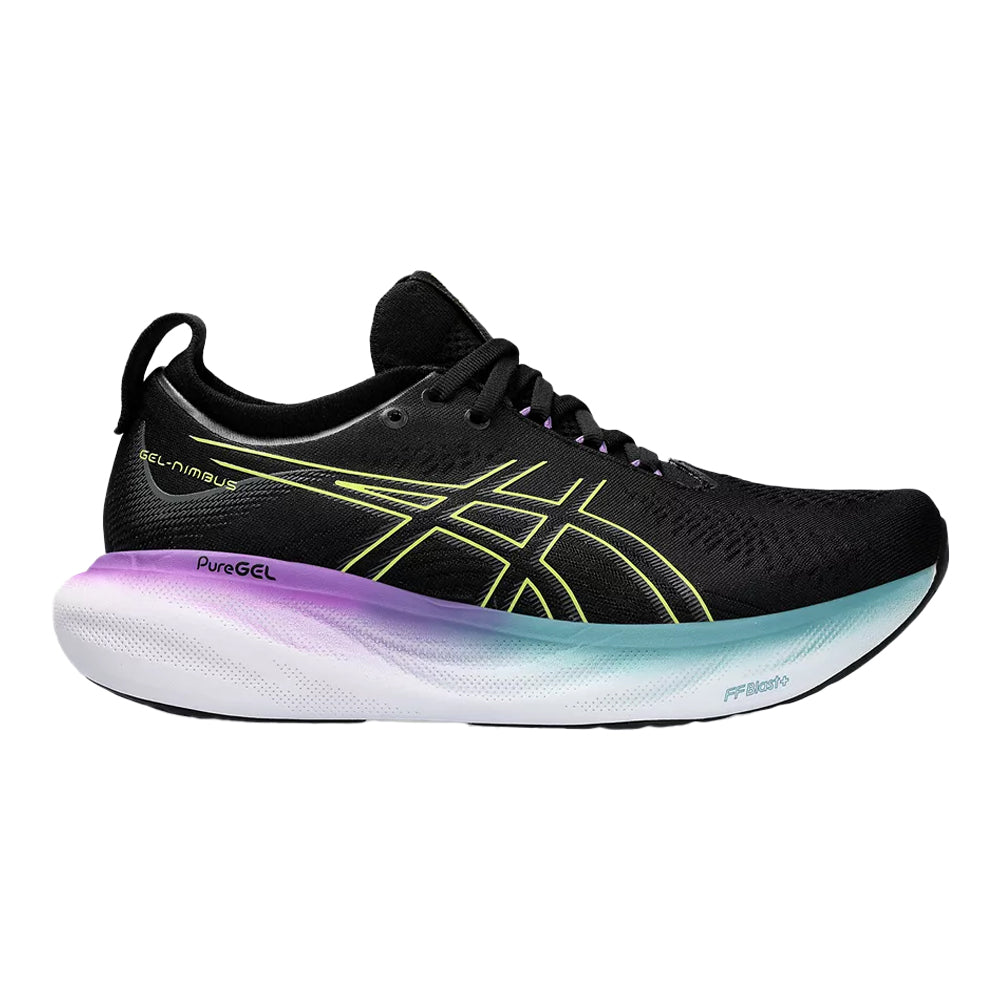 Women's Asics Gel-Nimbus 25, Black/Glow Yellow, 7 B Medium