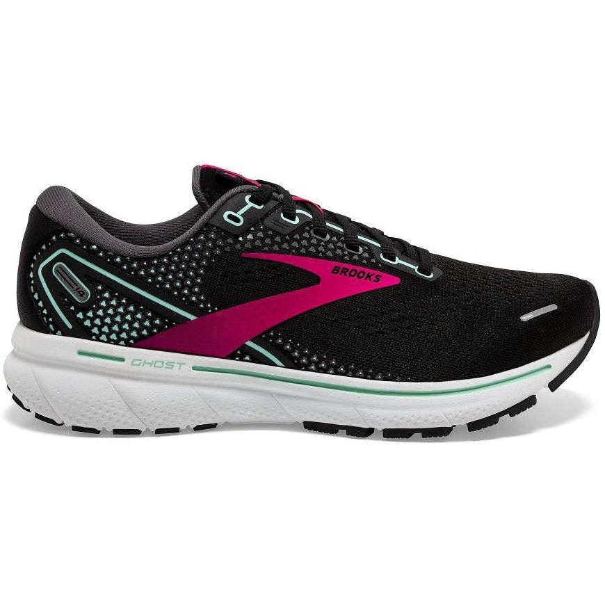 Women's Brooks Ghost 14, Black/Pink/Yucca, 10 D Wide