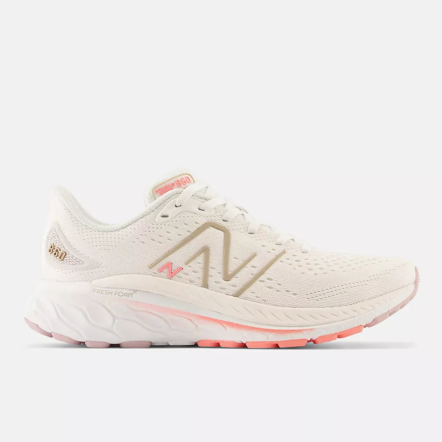 Women's New Balance Fresh Foam X 860v13, White/Light Gold Metallic/Grapefruit, 10.5 D Wide