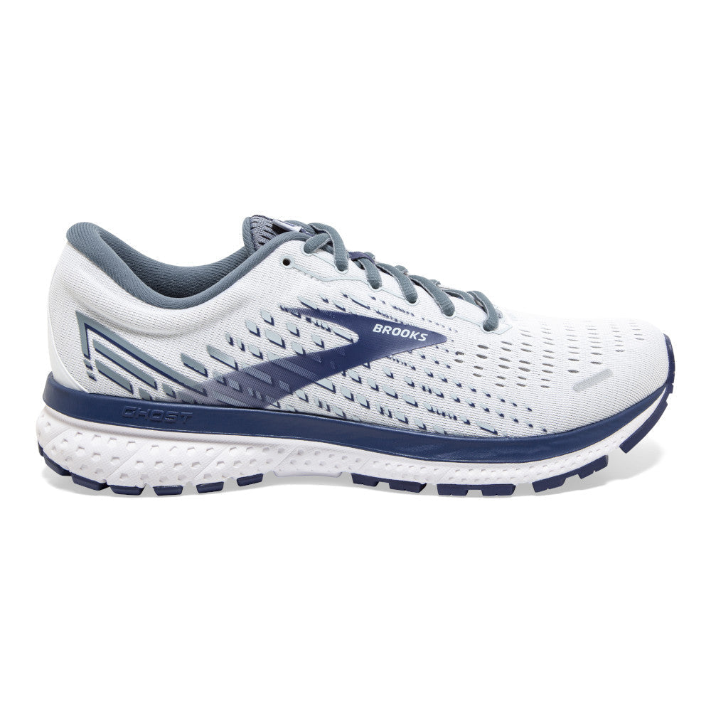 Men's Brooks Ghost 13, White/Grey/Deep Cobalt, 9 2E Wide
