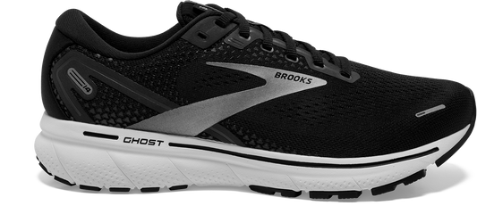 Women's Brooks Ghost 14, Black/White/Silver, 8 D Wide