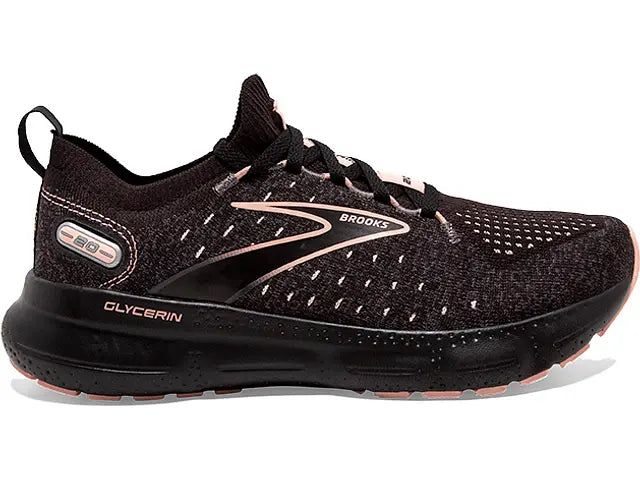 Women's Brooks Glycerin StealthFit 20, Black/Pearl/Peach, 10 B Medium