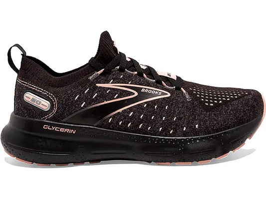 Women's Brooks Glycerin StealthFit 20, Black/Pearl/Peach, 6 B Medium