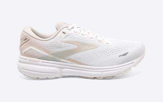 Women's Brooks Ghost 15, White/Crystal Grey/Glass, 10.5 B Medium