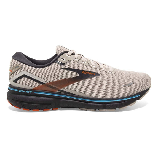 Men's Brooks Ghost 15, White Sand/Red Orange/Blue, 8 D Medium