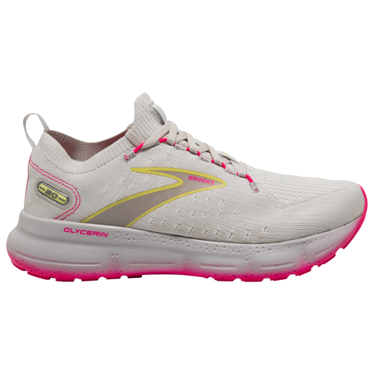 Women's Brooks Glycerin StealthFit 20, Grey/Yellow/Pink, 8.5 B Medium
