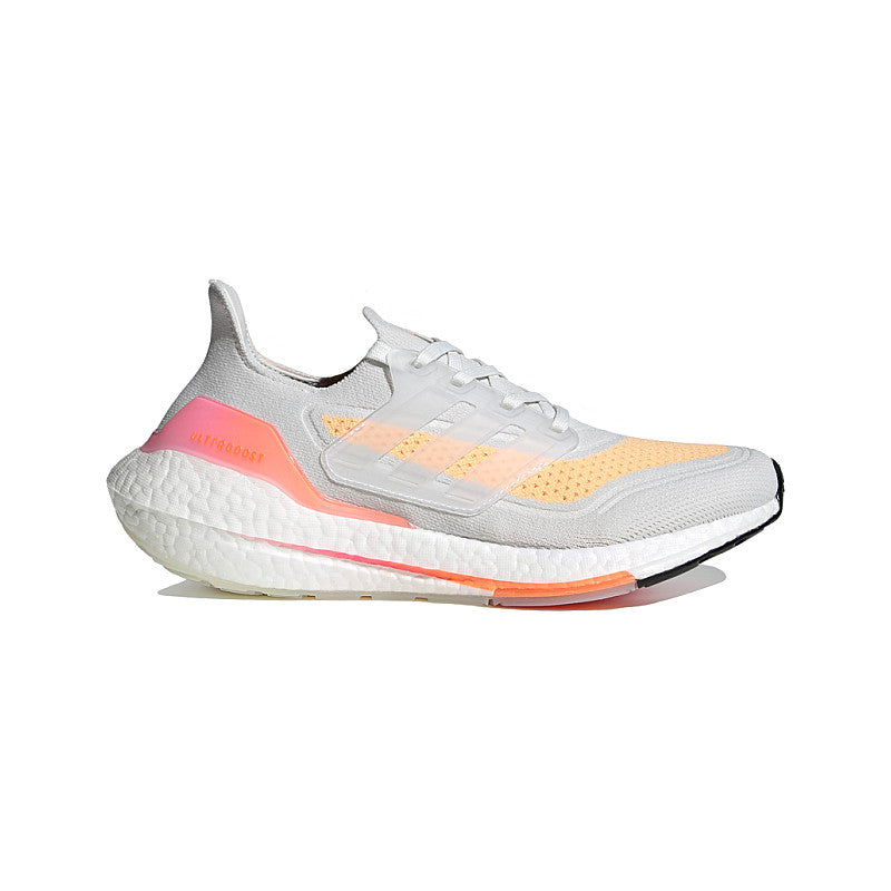 Women's Adidas Ultraboost 21, Crystal White/Silver Metallic/Acid Orange, 10 B Medium