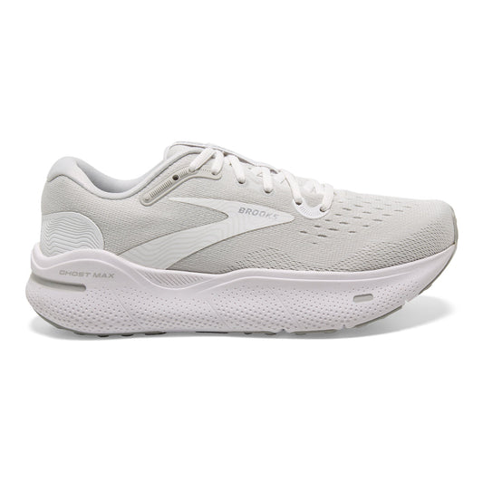 Men's Brooks Ghost Max, White/Oyster/Metallic Silver, 13 2E Wide