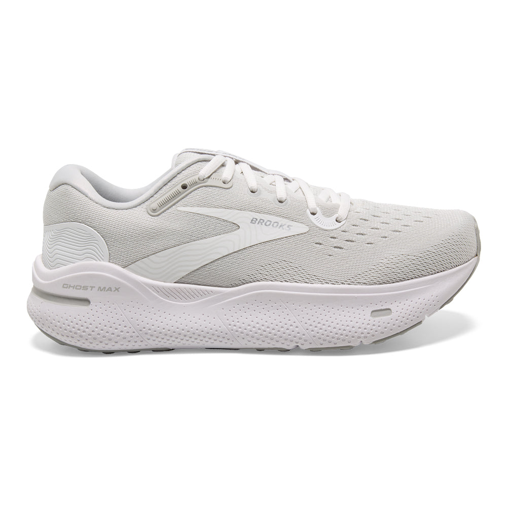 Men's Brooks Ghost Max, White/Oyster/Metallic Silver, 9 2E Wide