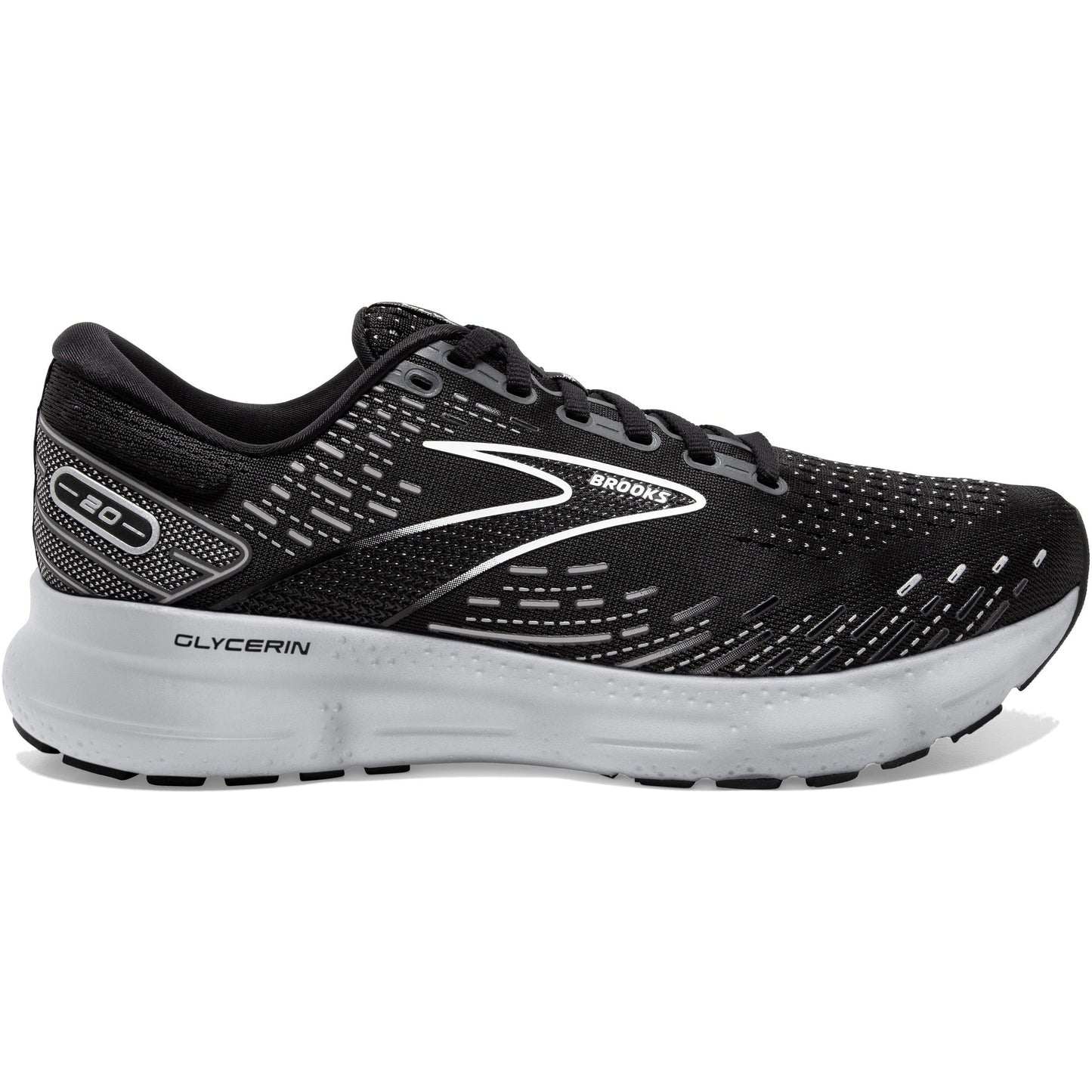 Men's Brooks Glycerin 20, Black/White/Alloy, 9 D Medium