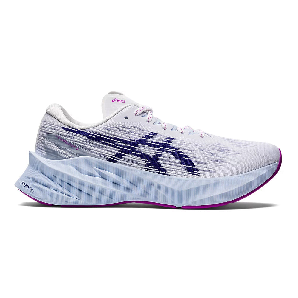 Women's Asics Novablast 3, White/Dive Blue, 9 B Medium