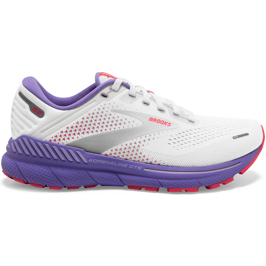 Women's Brooks Adrenaline GTS 22, White/Coral/Purple, 9.5 B Medium