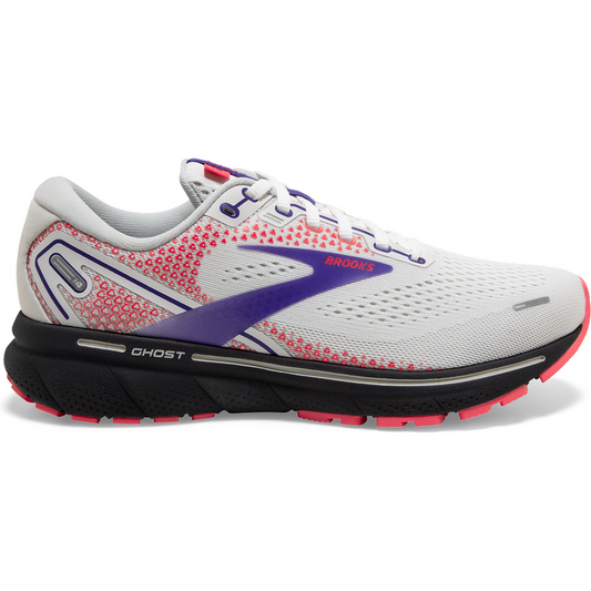 Women's Brooks Ghost 14, White/Purple/Coral, 9 B Medium