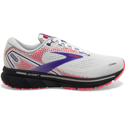 Women's Brooks Ghost 14, White/Purple/Coral, 9.5 B Medium