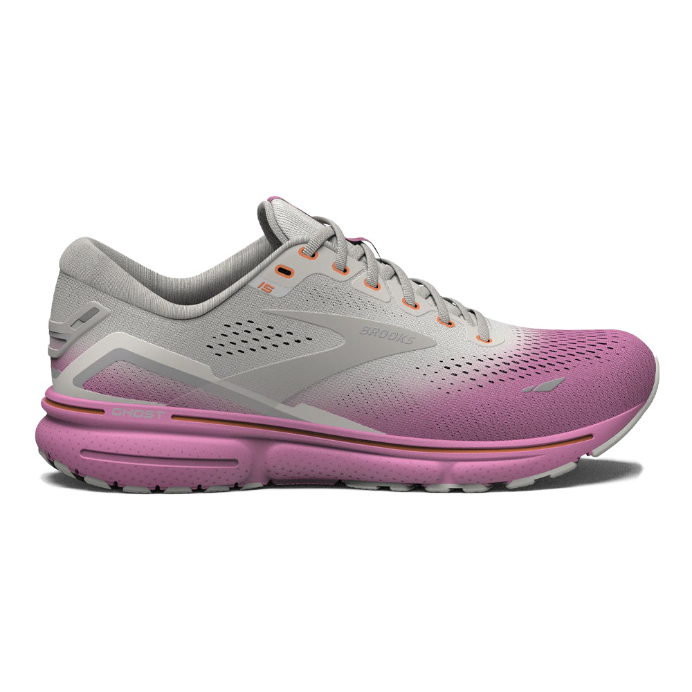Women's Brooks Ghost 15, Grey/Coconut/Fuchsia, 9.5 B Medium