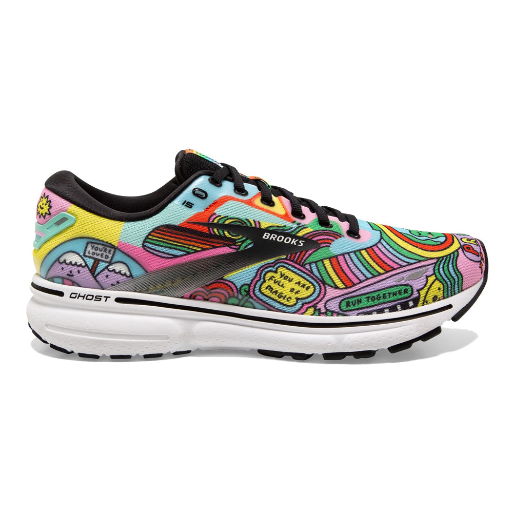 Women's Brooks Ghost 15, Black/White/Multi, 12 B Medium
