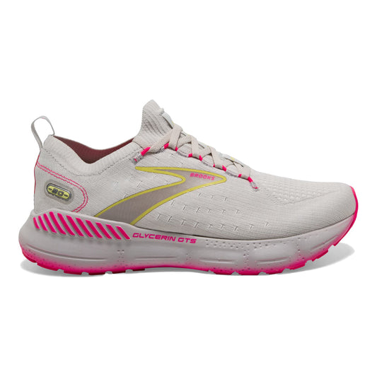 Women's Brooks Glycerin StealthFit GTS 20, Grey/Yellow/Pink, 7 B Medium