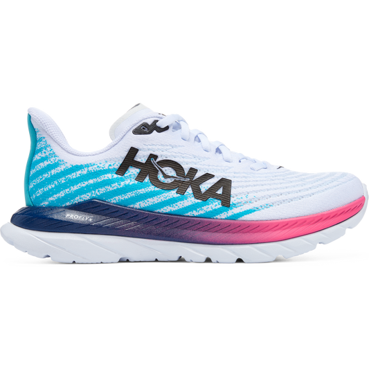 Women's Hoka One One Mach 5, White/Scuba Blue, 11 B Medium